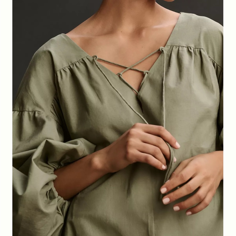 Anthro Oversized Mare Mare Puff Sleeve Tie Front Midi Dress NWOT - Picture 3 of 11